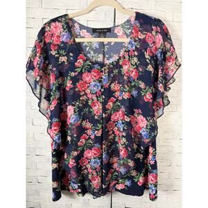 Adele & May women’s blouse ruffles sheer, overlay, romantic feminine floral ￼